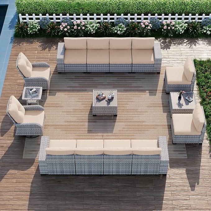 15-Piece Outdoor Patio Furniture Set with Rocking Swivel Chair Wicker Sectional Sofa Set, Patio Conversation Set with Thickened Cushions & Coffee Table for Garden, Backyard, Poolside, Beige