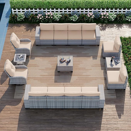 15-Piece Outdoor Patio Furniture Set with Rocking Swivel Chair Wicker Sectional Sofa Set, Patio Conversation Set with Thickened Cushions & Coffee Table for Garden, Backyard, Poolside, Beige