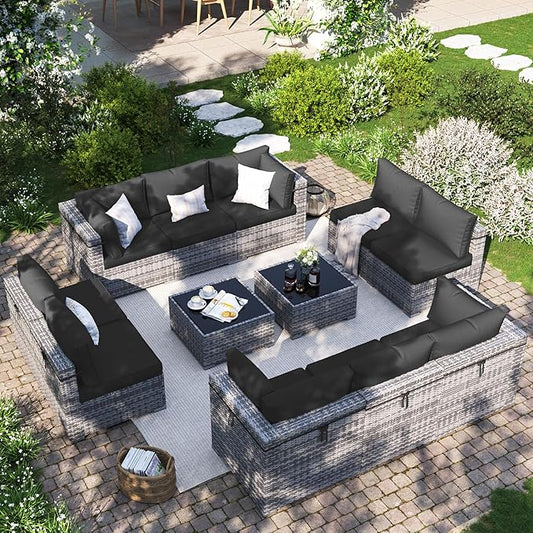 Patio Furniture Set, 12-Piece Outdoor Sectional with Waterproof Cover, All-Weather Wicker Patio Conversation Sets for Backyard (Grey with Black Cushion)