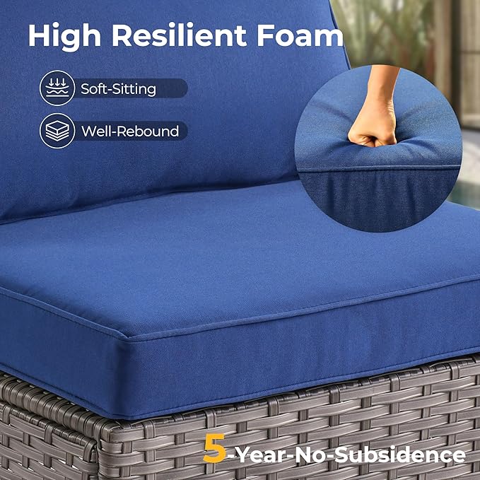 HOOOWOOO 7 Piece Patio Sectional Furniture Set,Modern Wicker Outdoor Conversation Sofa Sets,Weather Resistant Modular L Shaped Outside Couch Table Set(Navy Blue)