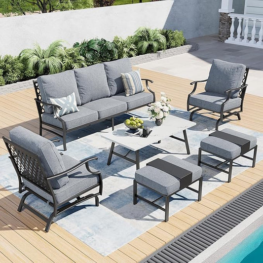 6 Piece Metal Outdoor Patio Furniture Set, Patio Conversation Set 1 3-seater Sofa, 2 Rocking Chair, 2 Ottomans with 5.75" Thick Cushion and Coffee Table, Black Backyard Furniture, Gray