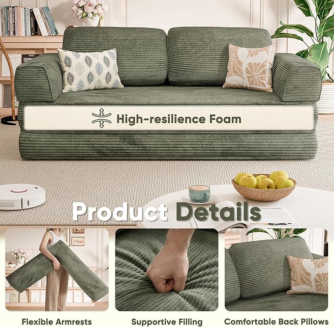 Homall 4-in-1 Convertible Sofa Bed, Oversized Boneless Couch with 4 Frame Kits and Removable Armrests, Corduroy Sleeper Sofa with 2 Pillows for Small Space, No Assembly Required (Green)