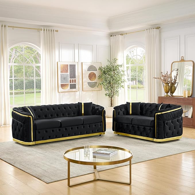 KEIKI 2-Piece Luxury Chesterfield Sofa Set with 1 Velvet 3-Seater Sofa & 1 Loveseat Sofa, 5-Seater Couch Set with 4 Pillow, Gold Stainless Decoration and Rolled Arms, for Living Room, Black