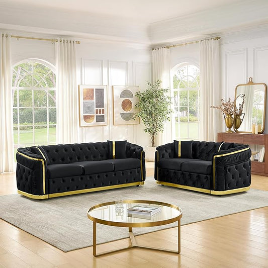 KEIKI 2-Piece Luxury Chesterfield Sofa Set with 1 Velvet 3-Seater Sofa & 1 Loveseat Sofa, 5-Seater Couch Set with 4 Pillow, Gold Stainless Decoration and Rolled Arms, for Living Room, Black