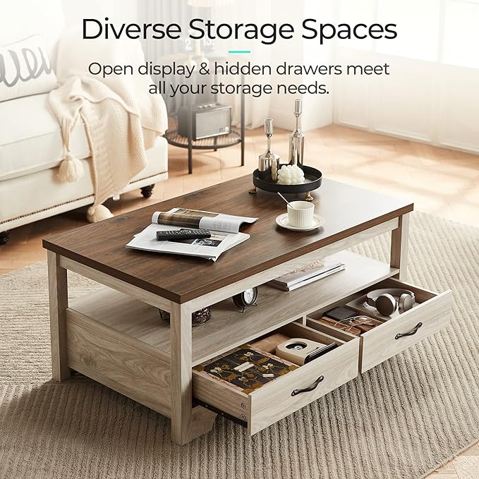 LINSY Farmhouse Coffee Table, Rectangle Coffee Table with Drawers, Rustic Wooden Coffee Tables with Storage, Center Table for Living Room, Apartment, Office, White Oak
