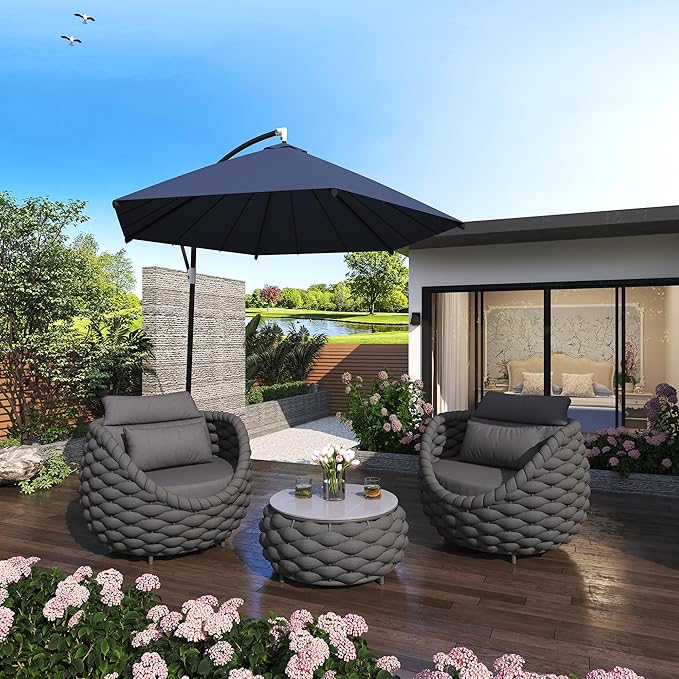 TWT 3 Pieces Aluminum Patio Furniture Set, Hand Woven Polyester Rope Modern Outdoor Set w/Washable Cushion Conversation Sofa Set Apartment Furniture for Poolside Balcony (Dark Grey)