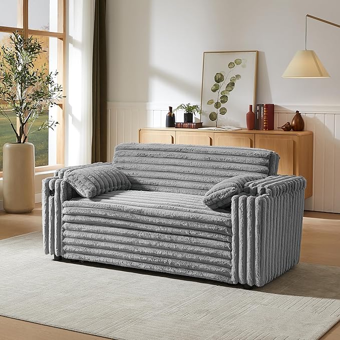 Eafurn 3 in 1 Convertible Sleeper Sofa Bed Recliner Daybed,Corduroy Upholstered Pull Out Couch Bed w/USB & Type C Port, Oversized Futon Loveseat w/Adjustable Backrest &Cup Holder for Living Room