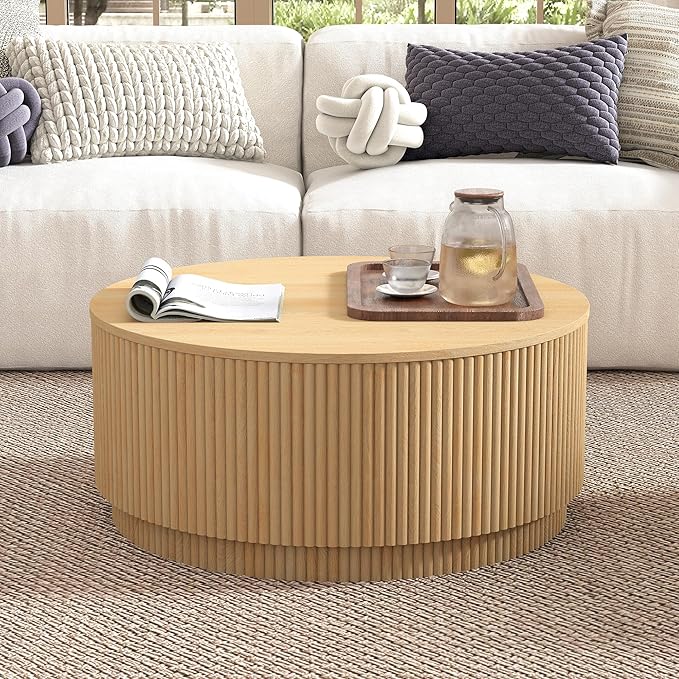 LEVNARY 31.5" Round Coffee Table with Storage, Boho Coffee Tables with Fluted Base, Wooden Circle Accent Center Table for Living Room Small Space Apartment Office (Natural)