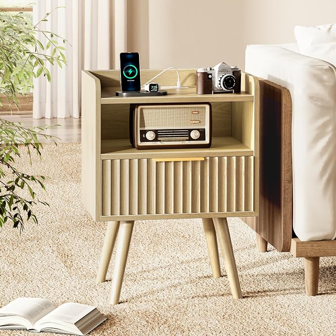 Huuger Nightstand with Charging Station, USB-C Port, Fluted Night Stand with Drawer, Bed Side Table with Solid Wood Feet, Open Storage, End Table with Raised Edge, for Bedroom, Natural - Image 4