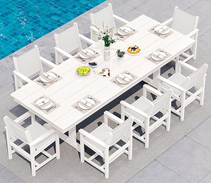 SERWALL 9 Piece Outdoor Dining Set, 84" HDPE Outdoor Large Table and Textilene Sling Chairs for 8，All Weather Patio Dining Furniture Set with Umbrella Hole for Backyard, Garden, White by SERWALL