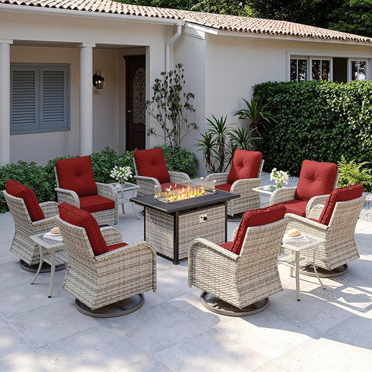 13Pcs Patio Rocking Swivel Chair with 55,000 BTU Fire Pit Table Outdoor Wicker Rattan Bistro Set with Tempered Glass Side Table, Patio Furniture Set for Garden and Balcony, Red