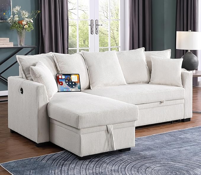 Modern Living Room Corner Convertible Sofabed Corduroy Upholstered Reversible Sleeper Sectional Sofa with 7 Pillow and USB Ports, L-Shaped Pull Out Sleep Couch Bed W/Reversible Storage Chaise Daybed