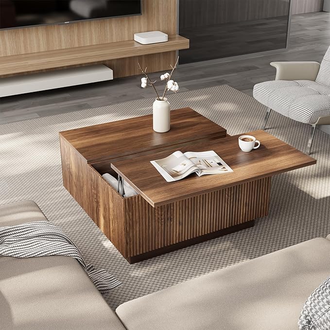 Lift Top Coffee Table, Farmhouse Square Fluted Center Table, 31" Modern Wooden Tea Table with Hidden Storage for Living Room, Apartment, Small Spaces, Brown Walnut