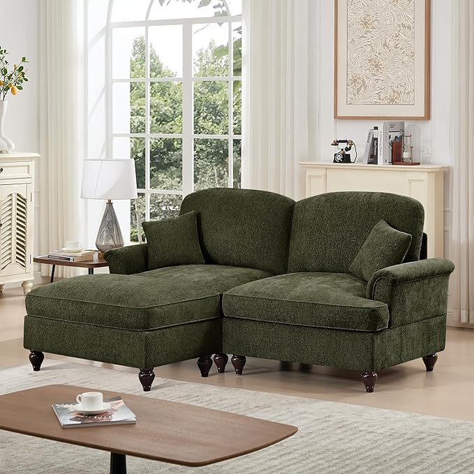 KEIKI Mid Century Modular Sofa with Flared Arms and Skirted Design, 76" Loveseat with Ottoman Chenille L-Shaped Sectional Couches for Living Room, Small Spaces Soft Chaise Lounge Indoor, Green