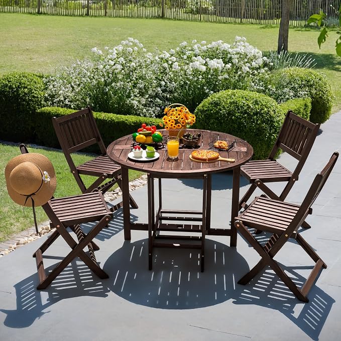 Devoko 5 PCS Patio Furniture, Patio Dining Set Acacia Wood Outdoor Table and Chairs, with 4 Folding Chairs and 37" Round Movable Table, Outdoor Dining Set for Lawn, Balcony, Garden (Deep Brown) - Image 2
