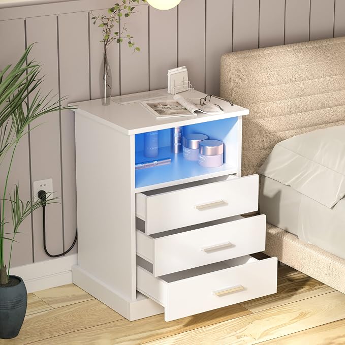 Halitaa Nightstand with Charging Station, LED Lights Side Table with 3 Drawers, End Table for Bedroom Office White - Image 3