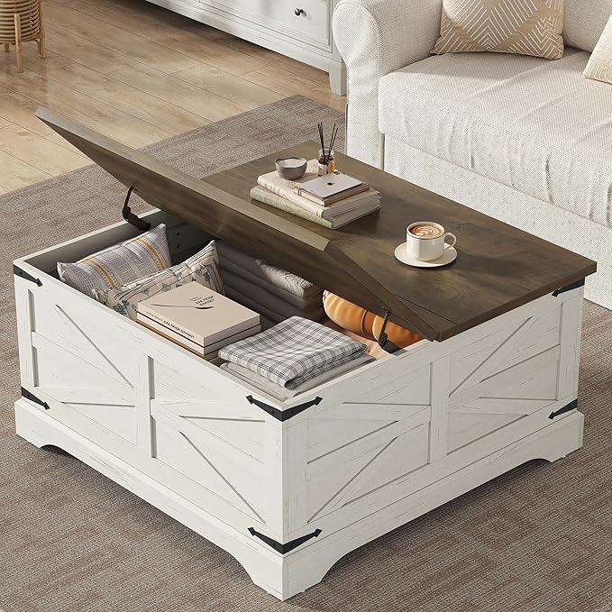 Furnideco 35.5''W Square Coffee Table Farmhouse Lift top Coffee Table with Large Hidden Storage, Wood Center Table for Living Room, Home Office, Brown Top