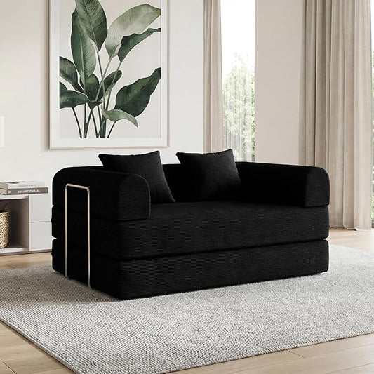 53.15'' Convertible Compressed Corduroy Folding Cloud Sofa Bed, Modern Boneless Pull Out Loveseat Sleeper in a Box, 4 in 1 Floor Mattress Futon Cloud Couch, No Assembly Needed, Black, 2 Pillows, Full