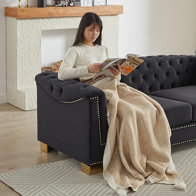 KEIKI Chesterfield Sofa, Retro Style Upholstered 3+2 Seat Couch with Rolled Arm for Living Room Bedroom Office, Black
