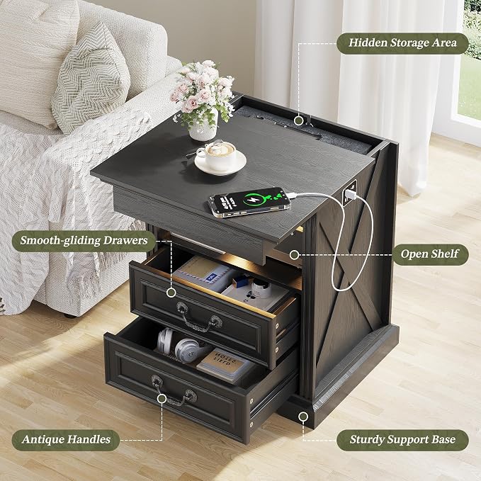 Dystler Night Stand Set 2 with Gun Drawer, Bedside Tables with LED Light & Human Sensor, Nightstands Gun Safe with 2 Drawers for Bedroom, Farmhouse End Table with Charger Station, Black - Image 8