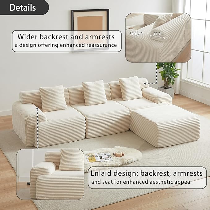 Cloud Compressed Modular Sectional Sofa, Comfy Corduroy Boneless Couch for Living Room, Modern L-Shaped Corner Couch with Reversible Ottoman, Non Slip, No Assembly & Deep Seat | Plush, Wider Armrest, Free Combination