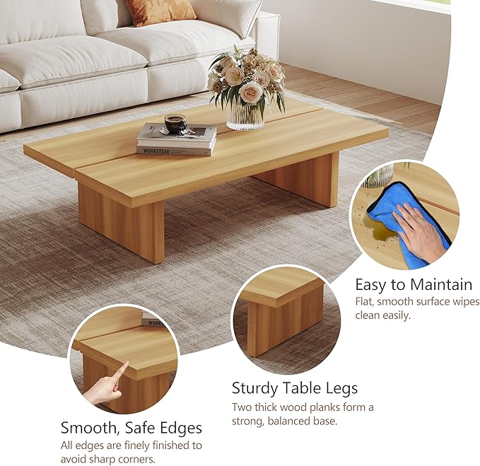 47.24" Modern Rectangle Coffee Table for Living Room, Light Wood Living Room Table, Natural Wooden Center Table, Japanese Tea Table for Home Office Apartment