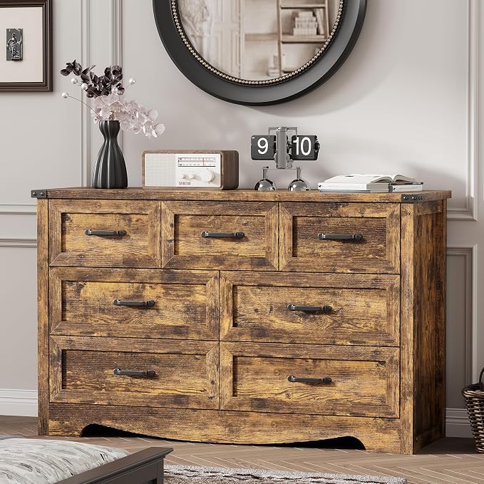 Dresser for Bedroom with 7 Drawers, 48" Wide Wood Chest of Drawers with Deep Drawers & Mental Handle, Modern Dresser TV Stand, Wooden Closet Storage Organizer for Living Room, Hallway, Entryway, Brown by Xixini