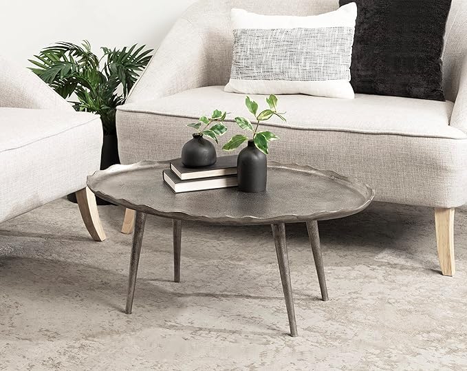 Kate and Laurel Alessia Modern Glam Oval Coffee Table, 34 x 20 x 15, Silver, Metal Living Room Table for Storage and Display with Antique Deckled Edge Detailing