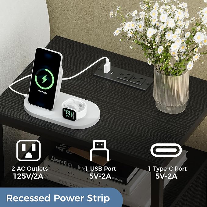 DUMOS Nightstand Set of 2 with Built in Charging Station USB Ports and Outlets Adjustable Fabric Drawer Storage Bedside Table with Open Shelf for Bedroom,Black and Brown - Image 6