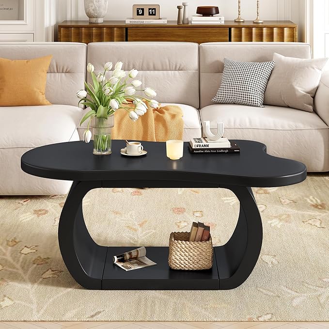 Merax Modern Cream Style Irregular Coffee Table with Round Edge & Shelf, Wood Cloud Accent Center End Tables for Living Room, Reception Room, Apartment, Easy Assemble, Black