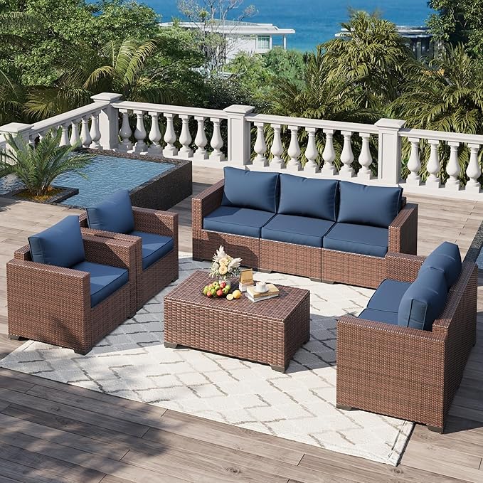 Patio Furniture Set,5 Piece Wide Armrest Outdoor Furniture Chair with 4" Thickened Cushion,Wicker Patio Conversation Sets with Waterproof Covers for Backyard, Porch(Navy Blue)