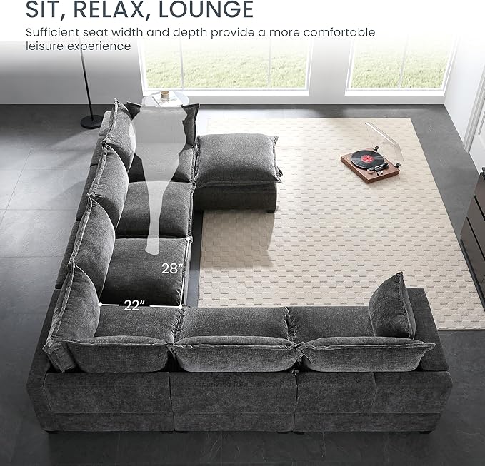 Merax Modern Oversized U-Shaped Sectional Sofa with Piollows & Chaise Lounge, Chenille 7-Seat Couch Set Sleeper Bed with Storage Ottoman for Living Room Gray