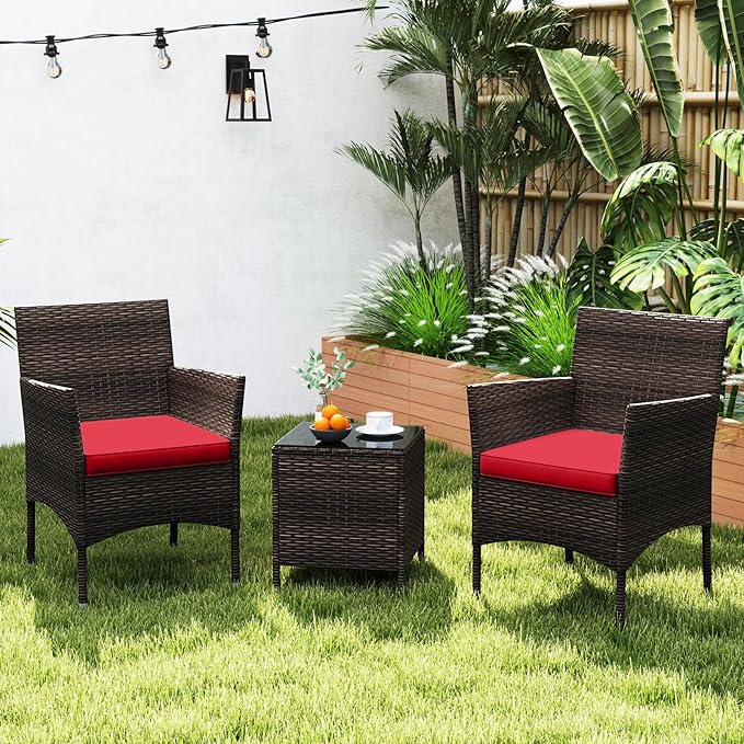 KOTEK 3 Piece Patio Furniture Set, Outdoor Wicker Patio Chairs with Soft Cushions & Tempered Glass Top Table, PE Rattan Bistro Set for Porch, Garden, Balcony (Red)