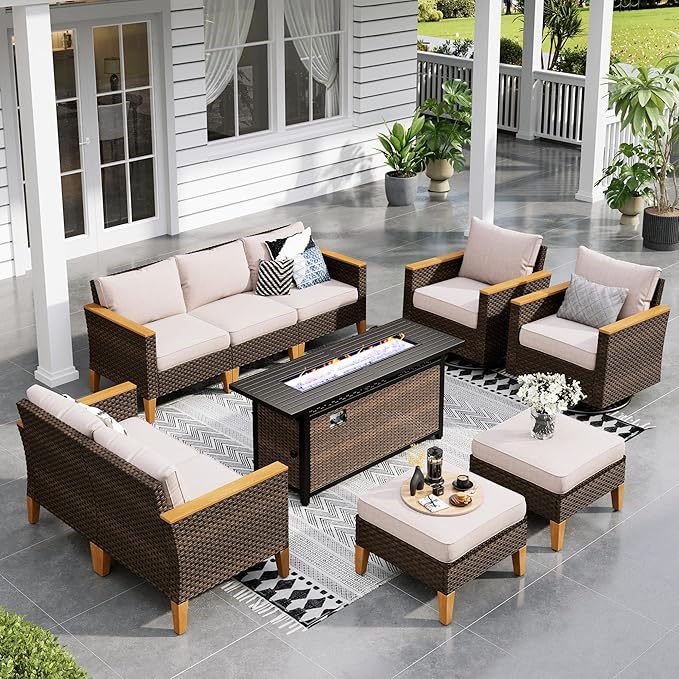 Sophia & William Patio Furniture Set with 56" Fire Pit Table & Swivel Chairs, 10 Piece Outdoor Sectional Furniture Wicker Modular Sofa Couch, Conversation Set for Deck Backyard Lawn, Beige