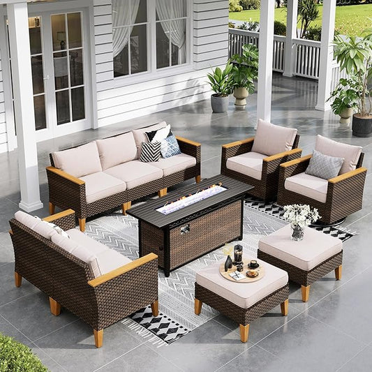 Sophia & William Patio Furniture Set with 56" Fire Pit Table & Swivel Chairs, 10 Piece Outdoor Sectional Furniture Wicker Modular Sofa Couch, Conversation Set for Deck Backyard Lawn, Beige