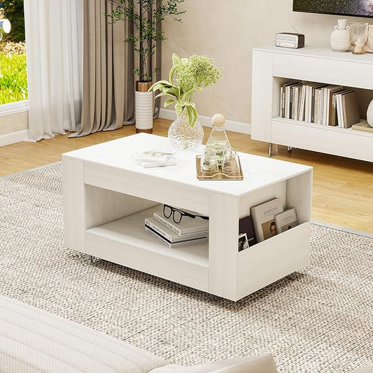 39" Wood Coffee Table for Living Room, Sides Storage with Transparent Legs, Minimalist Modern 2-Tier Storage Shelf Center Table for Home Office, Apartment, White