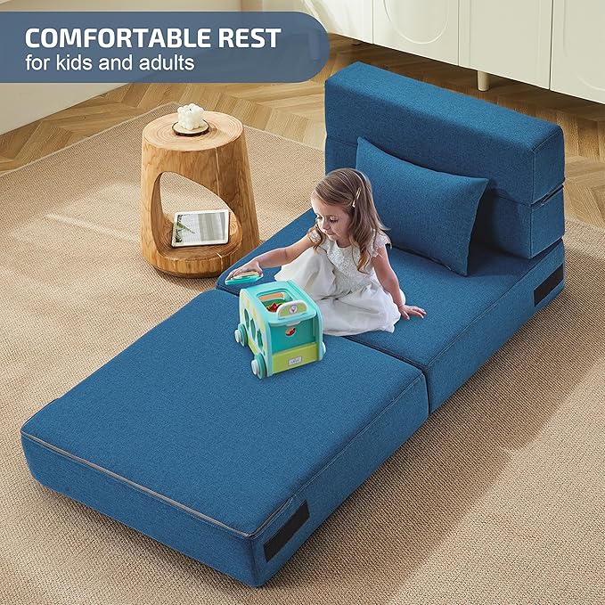 Folding Sofa Bed with Pillow- Convertible Chair Floor Couch & Sleeping Mattress, Foldable Memory Foam Sleeper for Living Room/Dorm/Loft, Single26 Width, Indigo