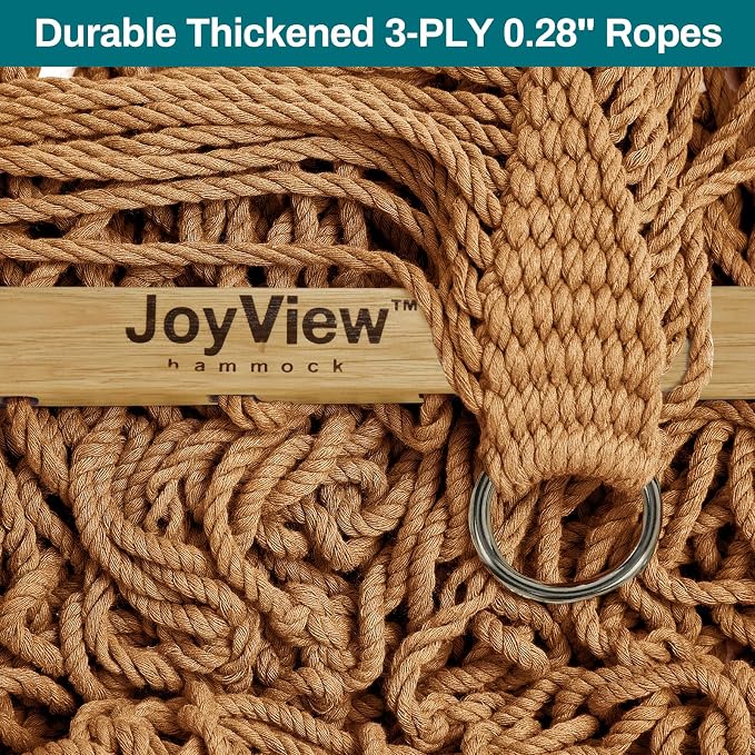 JoyView Traditional Rope Double Hammock - Hand Woven Cotton Hammock with Hardwood Spreader Bar and Pillow 450lb Capacity for Outdoor Indoor Patio Yard - Brown - Image 6
