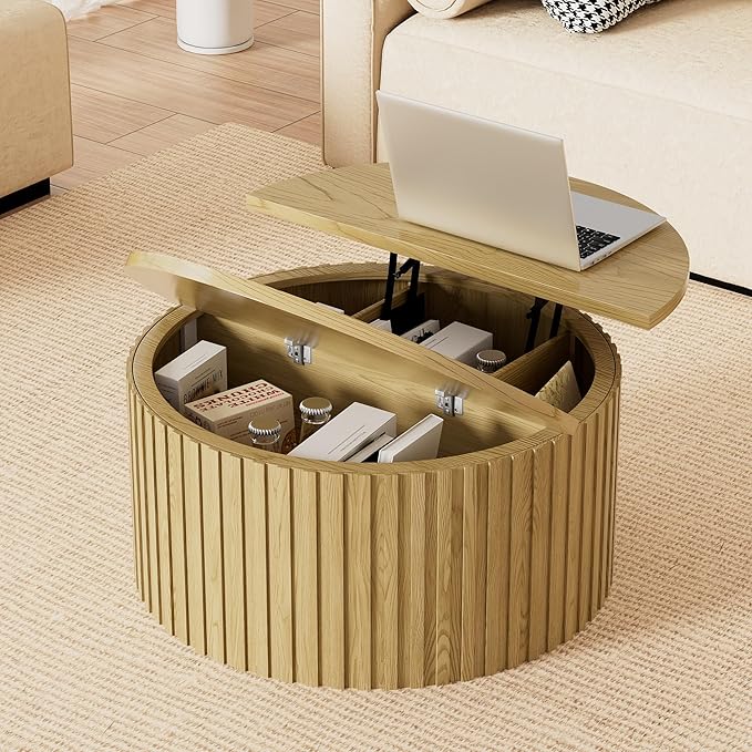 Fluted Lift Top Coffee Table with Storage, 31.5'' Farmhouse Round Coffee Tables for Living Room, Modern Wood Center Tables with Hidden Compartment for Home, Office (Wood Color)