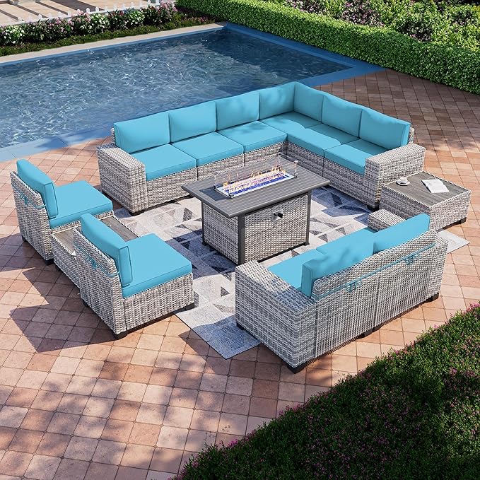 13-Piece Outdoor Patio Furniture Set with 55,000 BTU Fire Pit Table, PE Wicker Rattan Sectional Sofa Patio Conversation Set with Thickened Cushions & Coffee Table, Turquoise