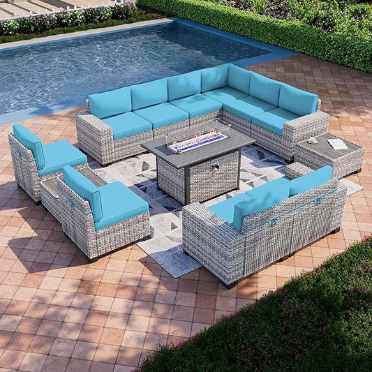 13-Piece Outdoor Patio Furniture Set with 55,000 BTU Fire Pit Table, PE Wicker Rattan Sectional Sofa Patio Conversation Set with Thickened Cushions & Coffee Table, Turquoise