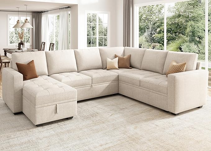 HONBAY Modular Sectional Couch with Pull Out Bed Sleeper Sofa with Storage U Shaped Modular Sectional Couches for Living Room,Mid Beige