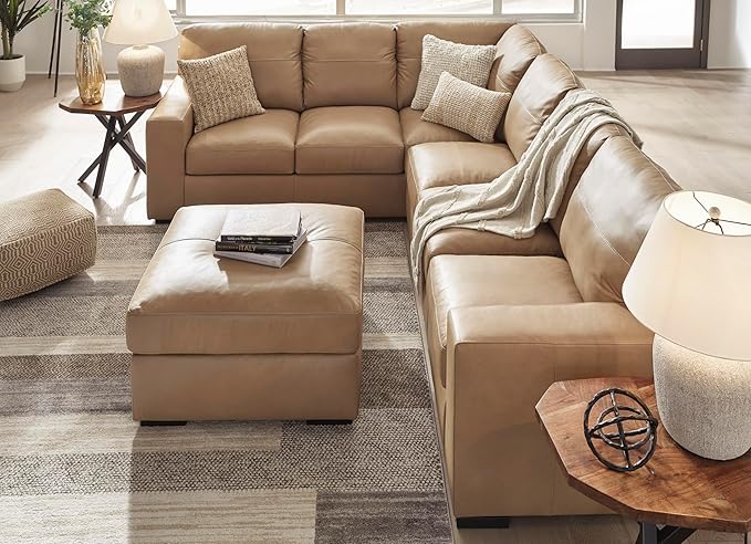 Signature Design by Ashley Bandon Modern Leather Match Left-Arm Facing 3-Piece Sectional with Removable Cushions and Armrest, Light Brown
