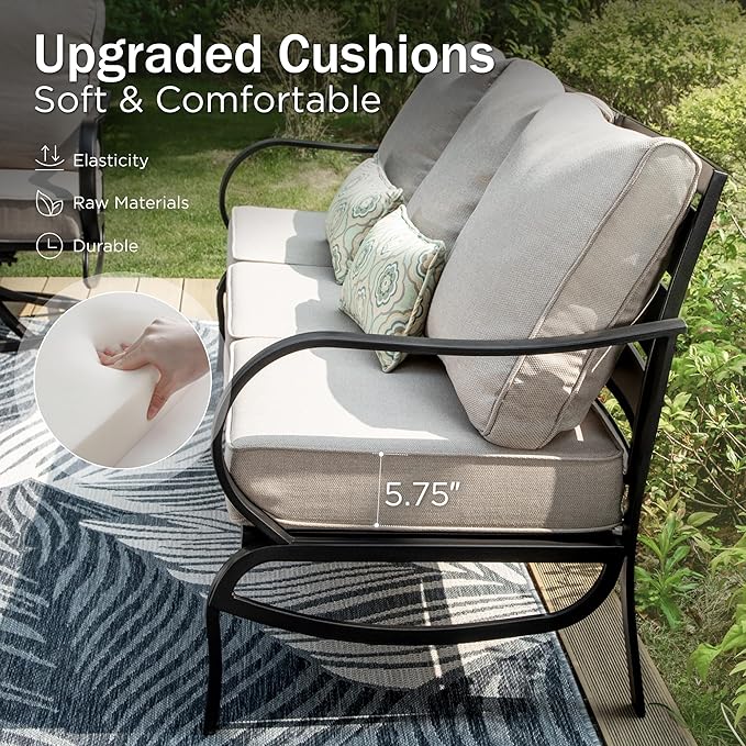 PHI VILLA 8 PCS Patio Furniture Set with Fire Pit Table,Metal Outdoor Furniture with 3-Seat Bench Sofa, Swivel Sofa Chairs, Leg Chair & Ottoman, Modern Patio Set, Beige