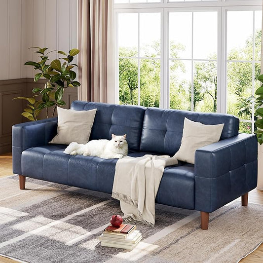 GarveeHome 3-Seater Sofa Couch, 83 in Wide Faux Leather Sofa Couch with Spring Cushion, Modern Sofa with Deep Seats and 2 Removable Back Cushions, for Living Room, Bedroom, Apartment, Office, Blue