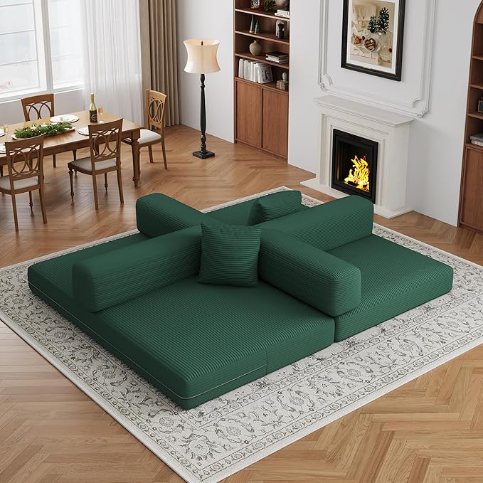 4-in-1 Foldable Sofa Bed Teddy Fabric Foam-Filled Compressed Couch, Convertible Loveseat Sofa, Boneless FoldingSleeper for Living Room, Guest Bed, Playroom (Green, 59” 2 Seat)