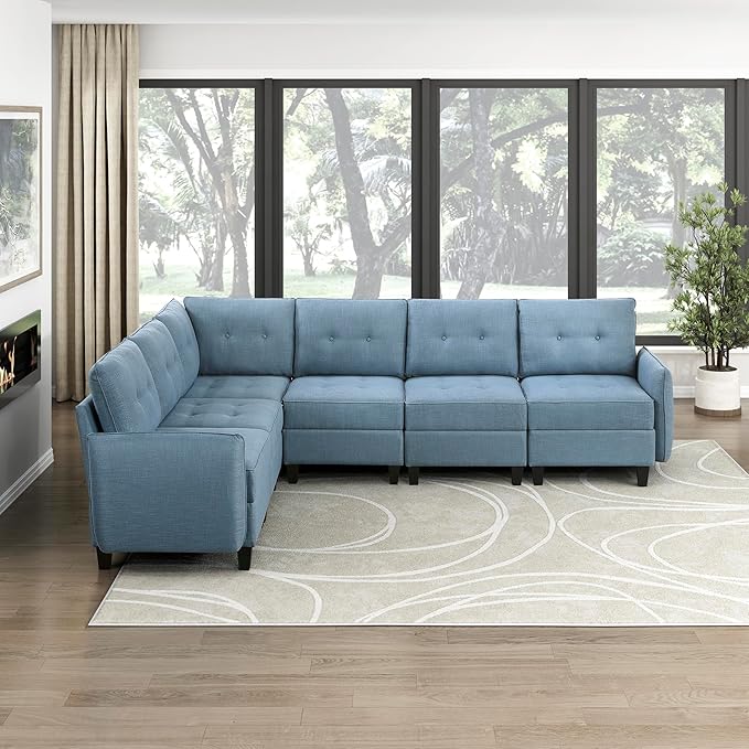 Lexicon L Shape Sectional Couch with Hidden Storage, Textured Fabric Modular Sectional Sofa with Button-Tufted Design, Reversible Back Cushion, 6 Seater Large Sofa, Blue