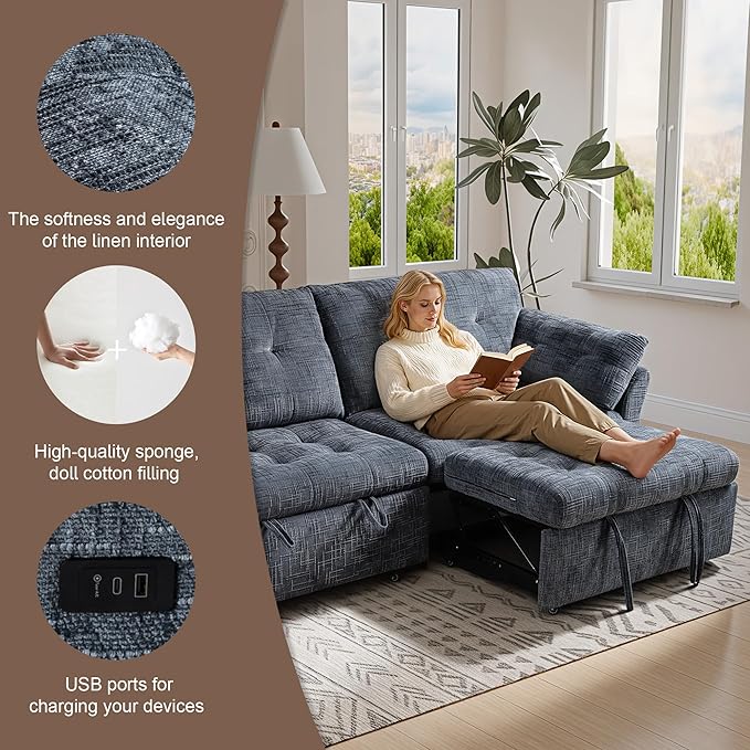 Casaphoria 3 in 1 Convertible Sofa Bed L-Shaped Sleeper with Dual Pull-Out Beds – Space Saving Sectional Couch for Small Spaces Bedroom Guest Room 89.8 Inch Blue