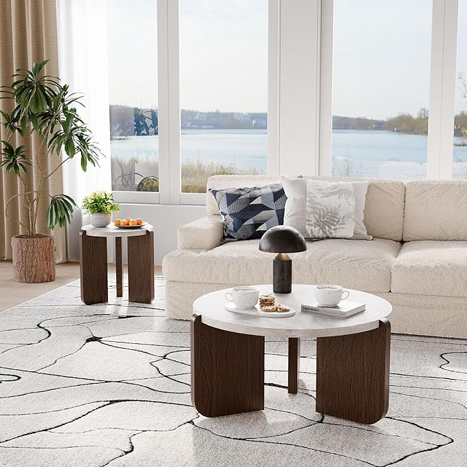 COSIEST Modern Round Coffee Table & Side Table Set, Faux Marble Wood Top, Walnut & Cream White Legs, Minimalist Living Room Center & Accent Table(2 PCS)