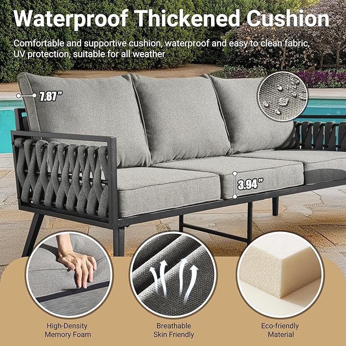 Weaxty Modern Patio Furniture Set 6 Piece, Rope Outdoor Patio Conversation Sets Sectional Sofa Swivel Chairs Table Ottoman, All Weather Metal Balcony Furniture for Backyard Garden, Grey